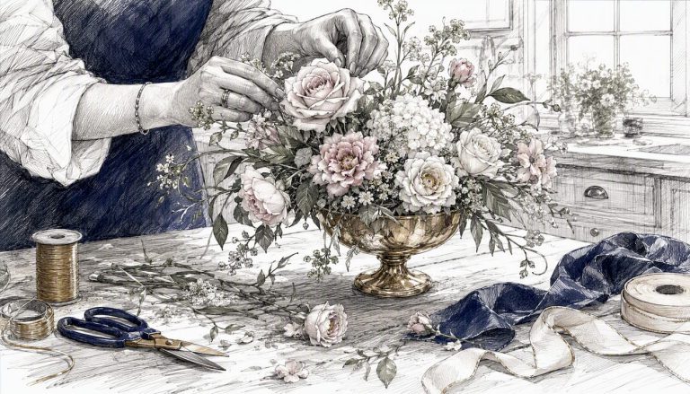 Hands assembling elegant wedding centerpiece