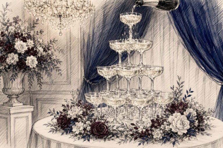 Champagne tower centerpiece on round table