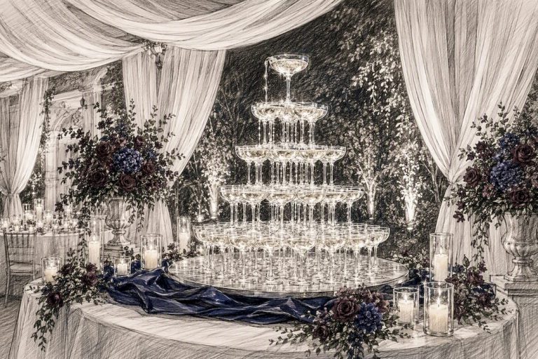 Champagne tower at elegant birthday celebration