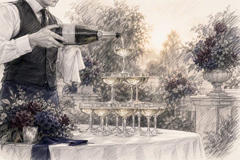 Pouring sparkling wine into coupe glasses