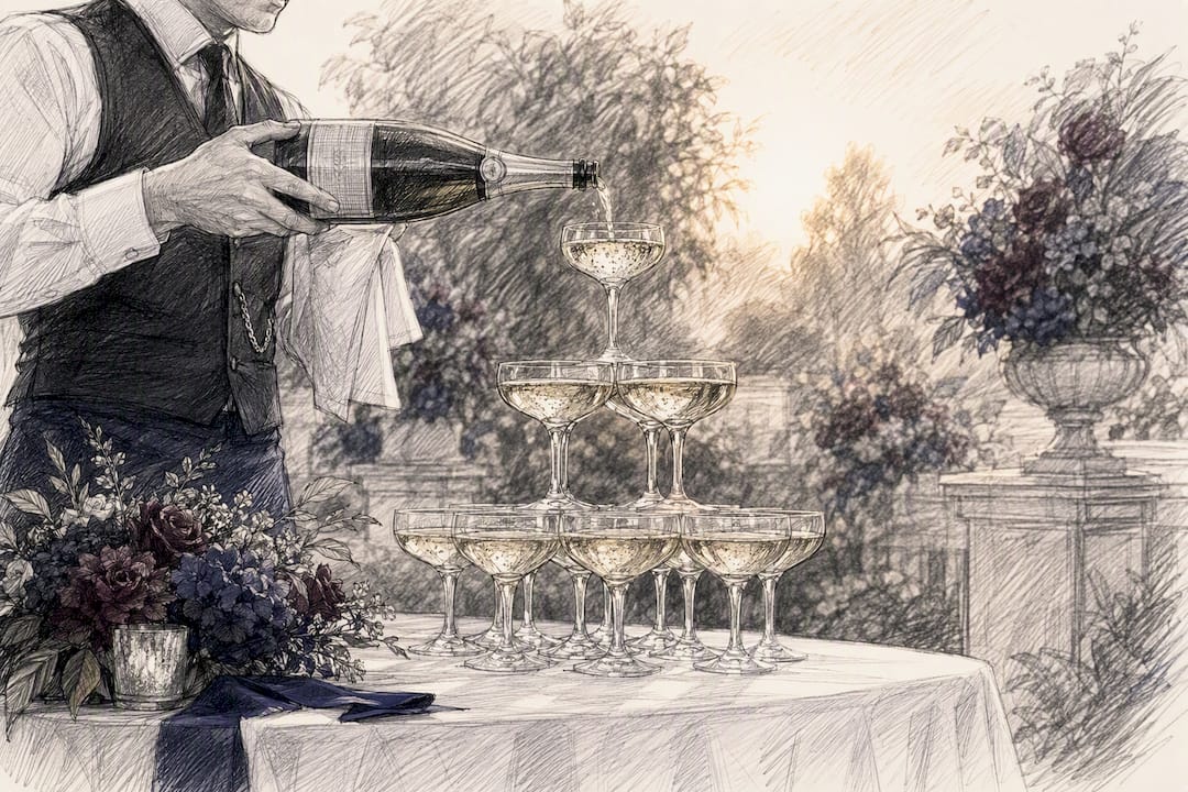 Pouring sparkling wine into coupe glasses