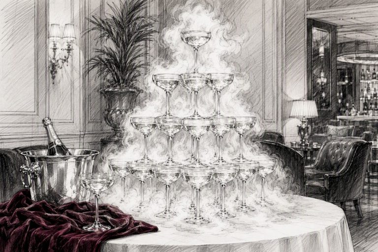 Elegant champagne tower with dry ice fog cascade