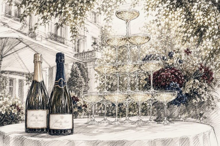 Elegant champagne tower with two champagne bottles